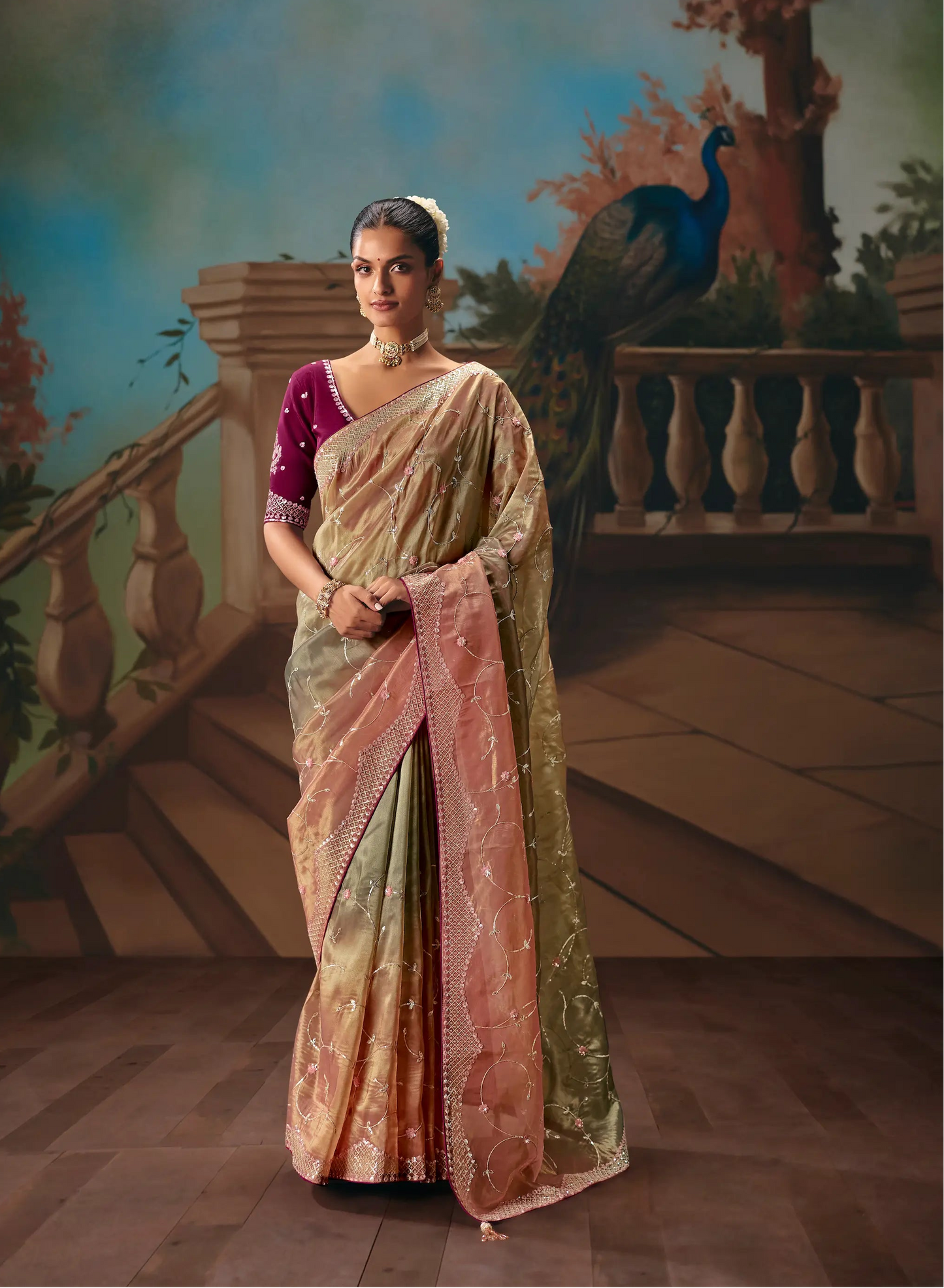 Peach-Olive Fancy Embroidered Saree