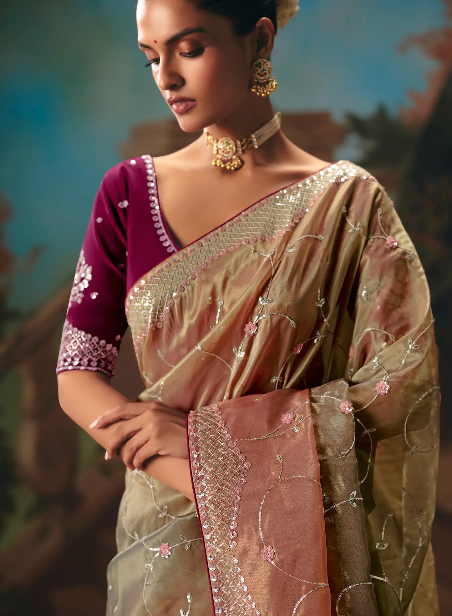 Peach-Olive Fancy Embroidered Saree
