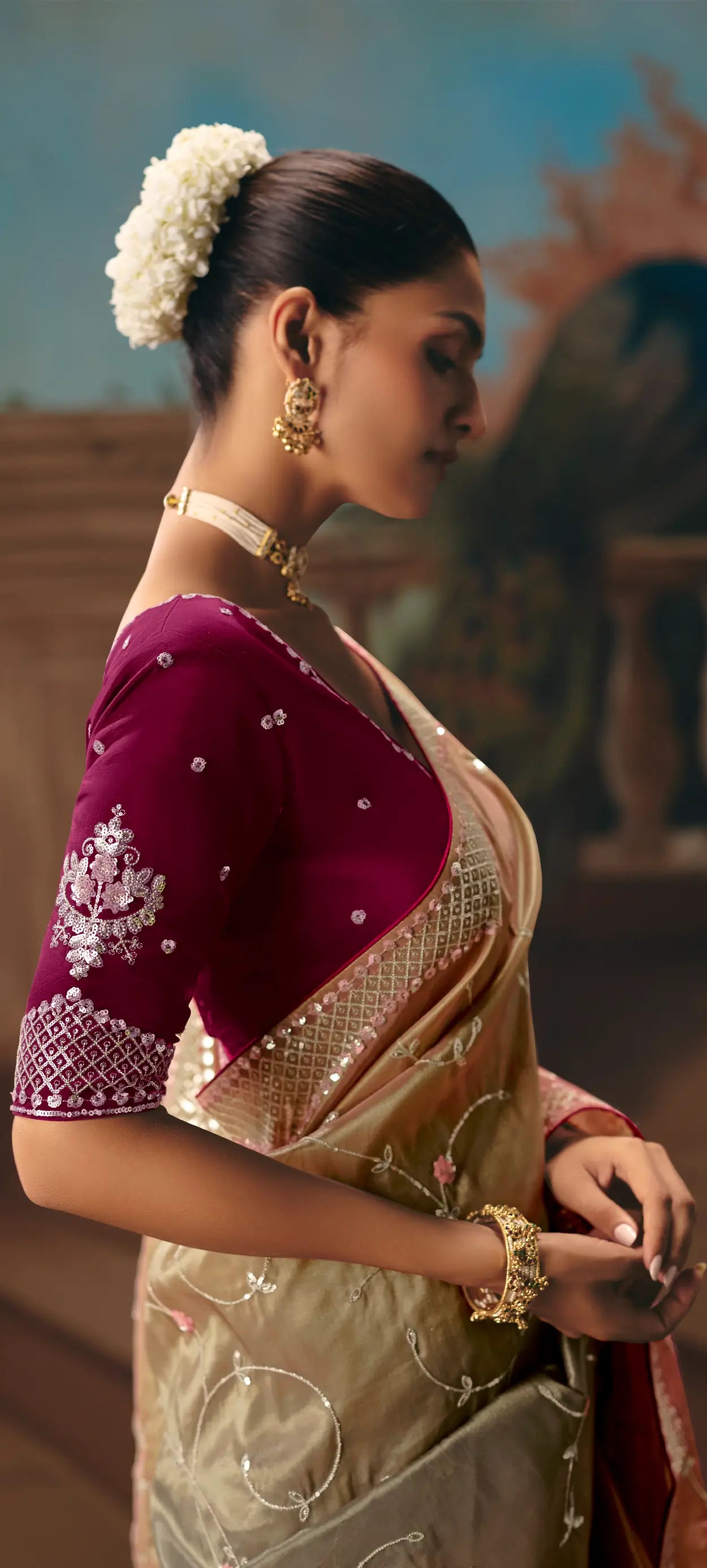 Peach-Olive Fancy Embroidered Saree