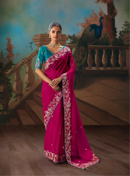 Hot Pink Fancy Embroidered Saree