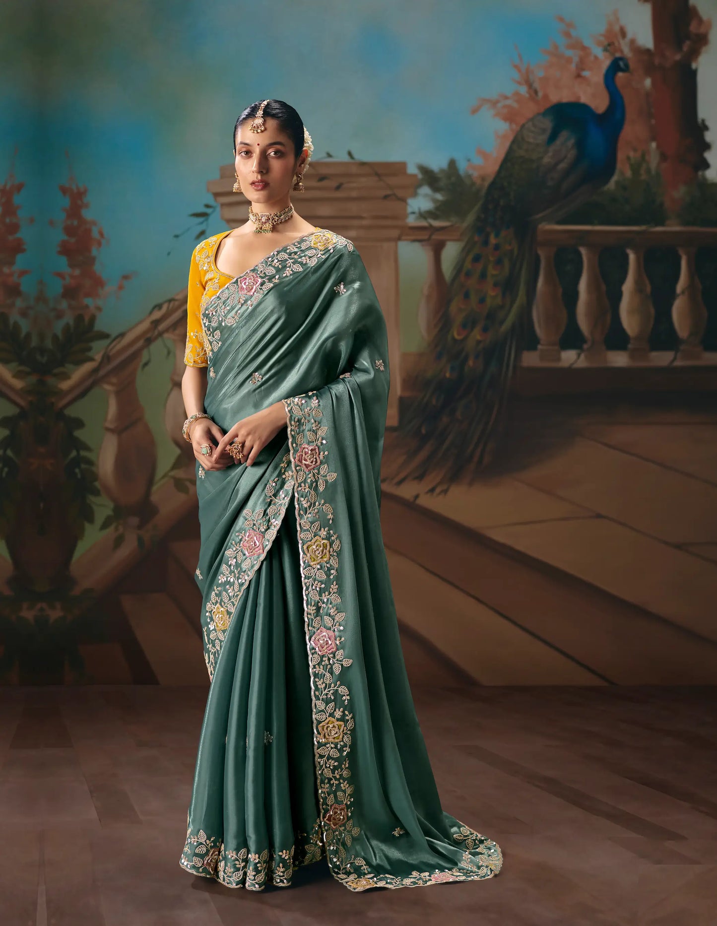 Greyish Teal Fancy Embroidered Saree