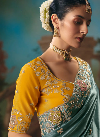 Greyish Teal Fancy Embroidered Saree