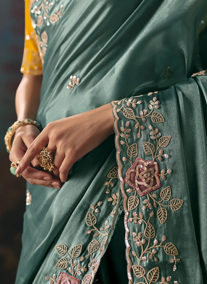 Greyish Teal Fancy Embroidered Saree
