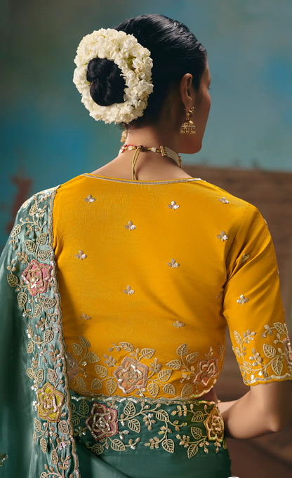 Greyish Teal Fancy Embroidered Saree