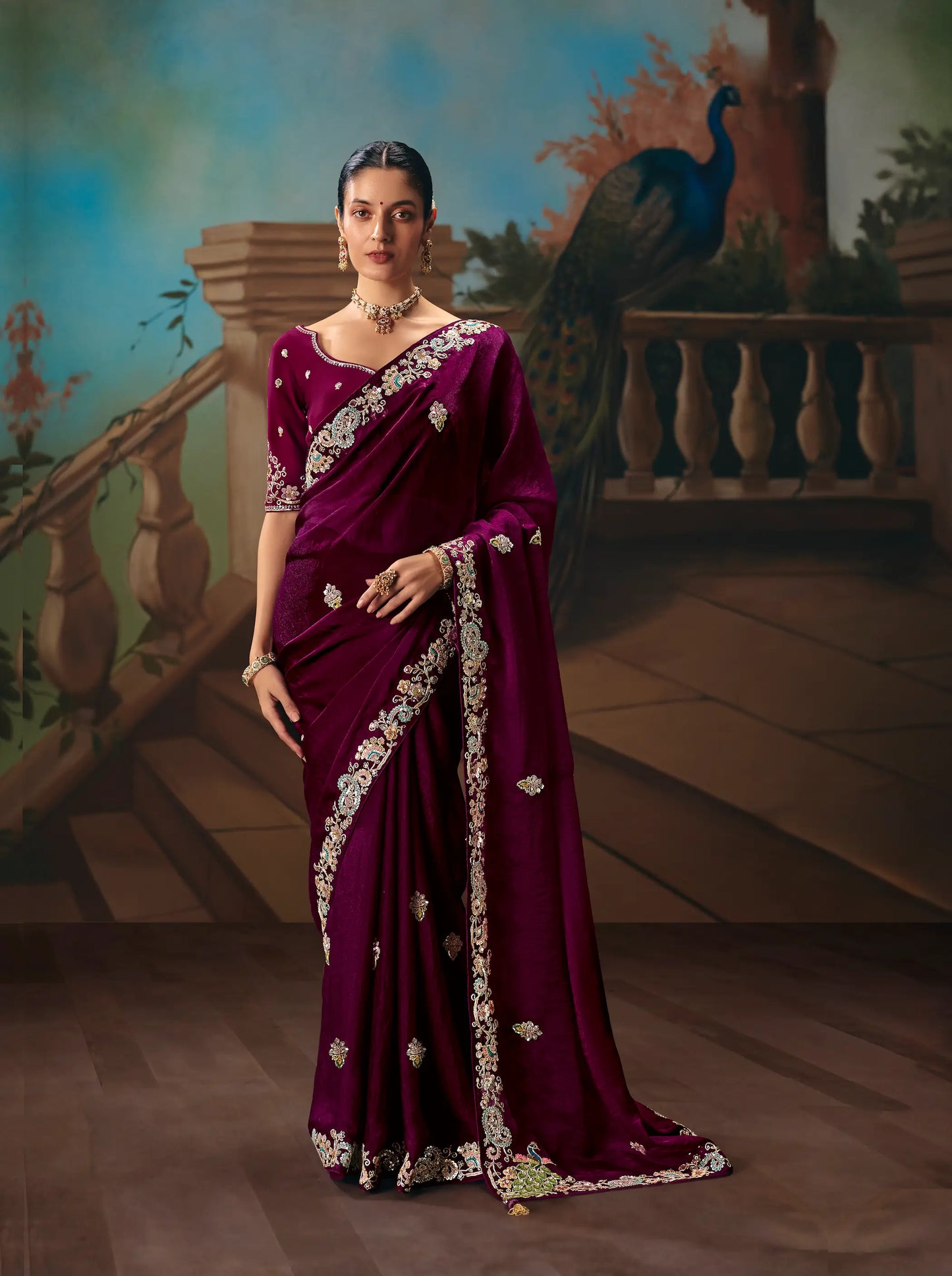Dark Wine Fancy Embroidered Saree