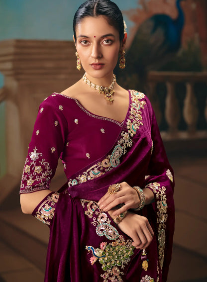 Dark Wine Fancy Embroidered Saree