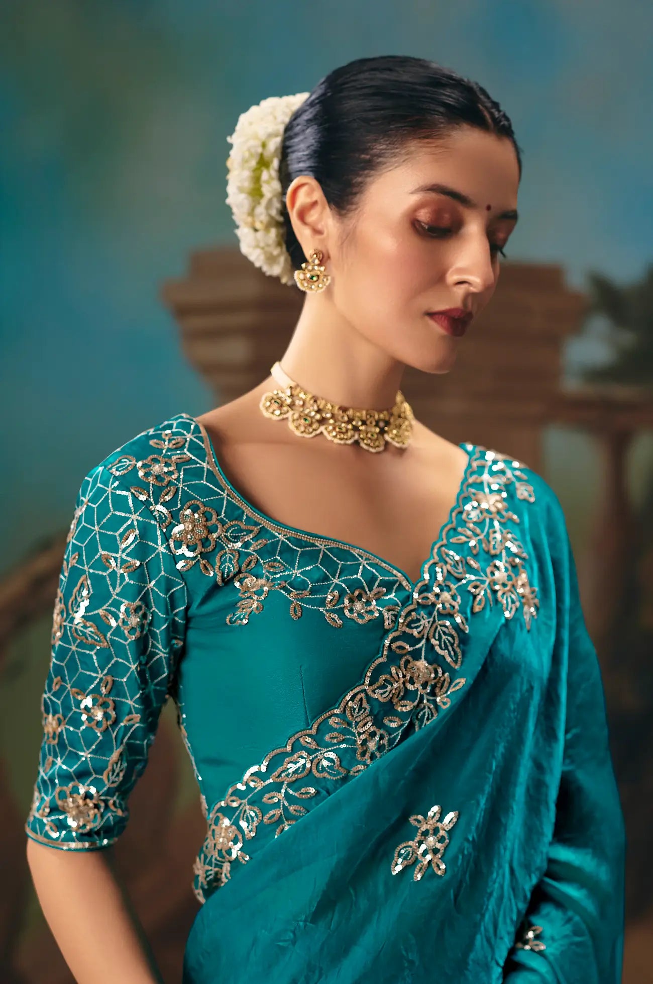Aqua Blue Fancy Embroidered Saree