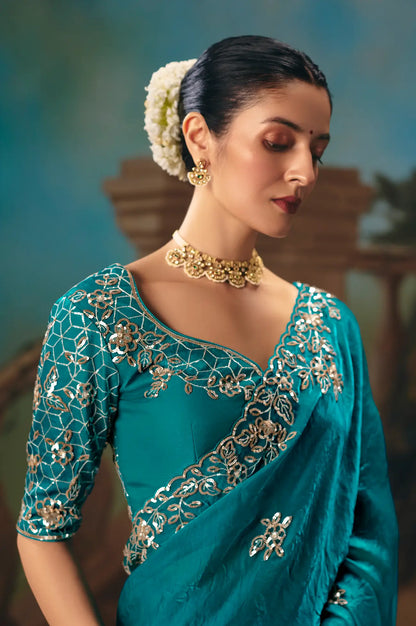 Aqua Blue Fancy Embroidered Saree