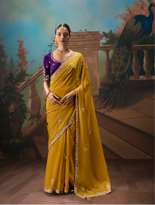 Mustard Yellow Fancy Embroidered Saree