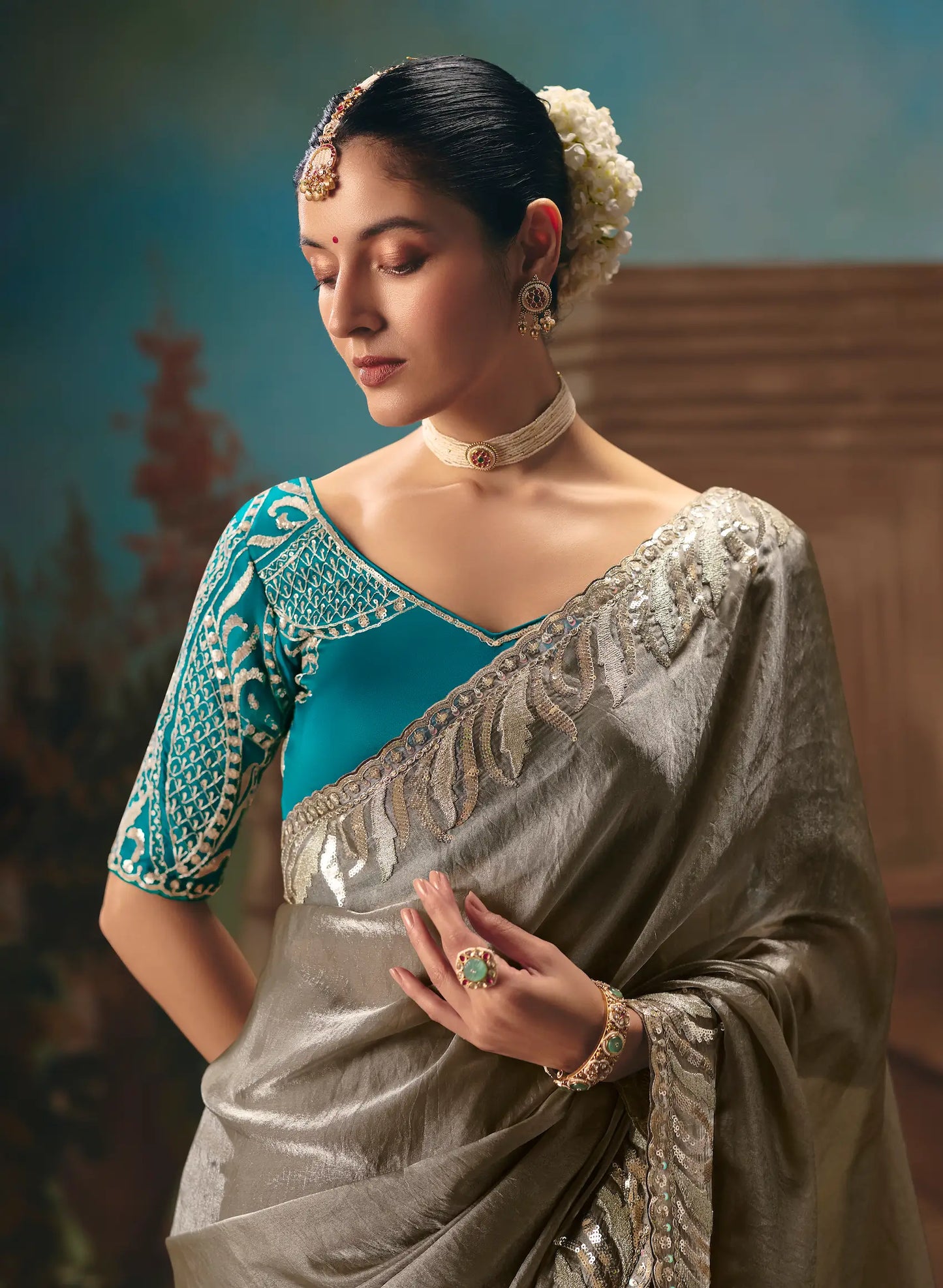 Metalic Grey Fancy Embroidered Saree