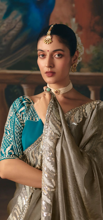 Metalic Grey Fancy Embroidered Saree