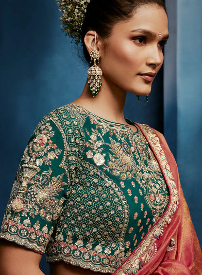 Coral Orange Embroidery & Hand Work Saree