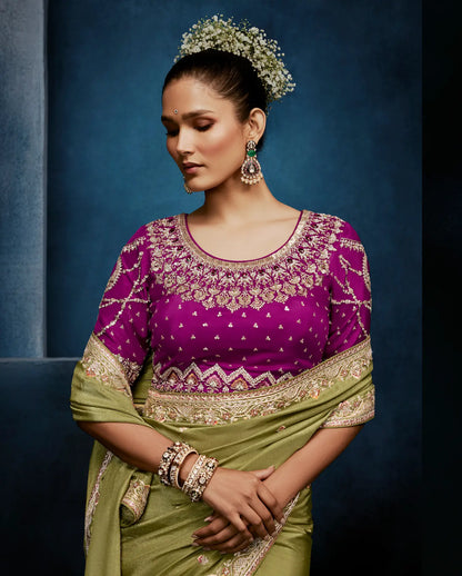 Olive Green Embroidery & Hand Work Saree