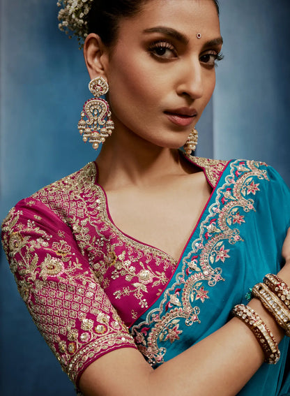 Deep Aqua Embroidery & Hand Work Saree