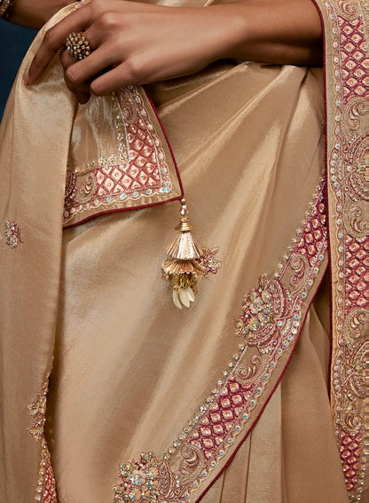 Golden Beige Embroidery & Hand Work Saree