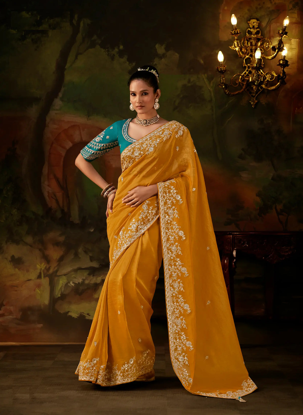 Honey Orange Heavy Embroidered Saree