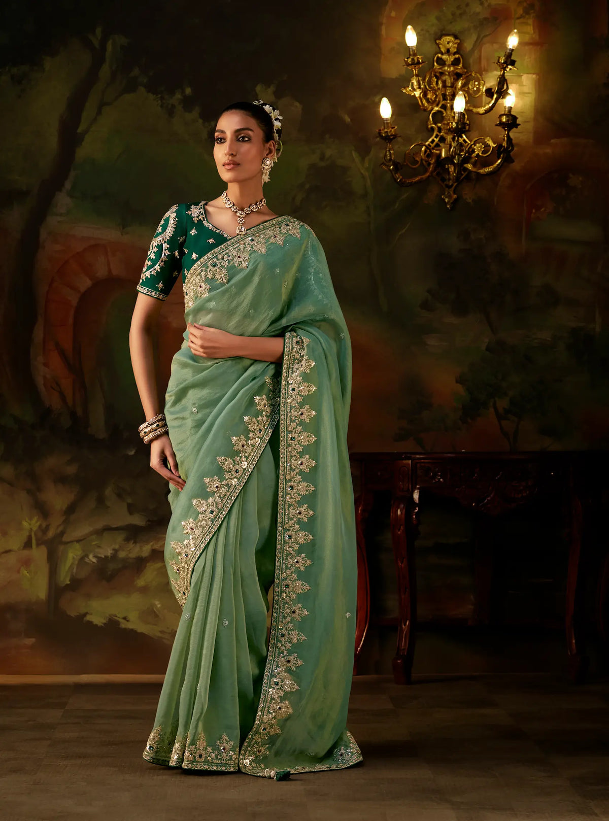 Hazel Green Heavy Embroidered Saree