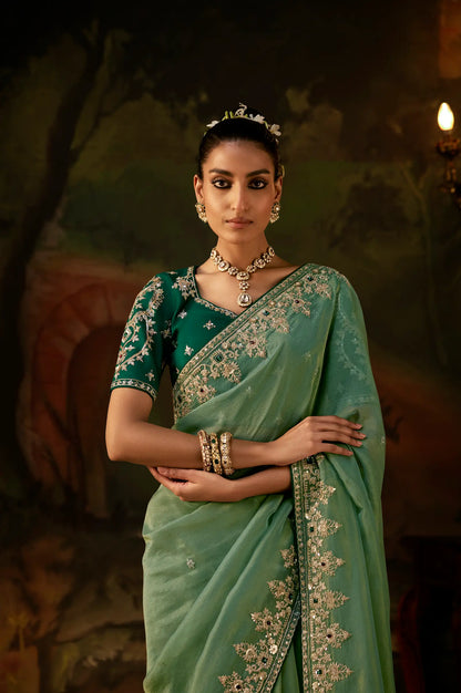 Hazel Green Heavy Embroidered Saree