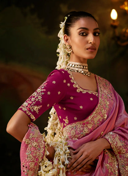 Tulip Pink Heavy Embroidered Saree