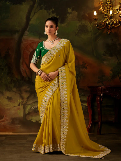 Bright Yellow Heavy Embroidered Saree