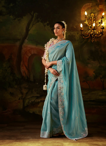 Powder Blue Heavy Embroidered Saree