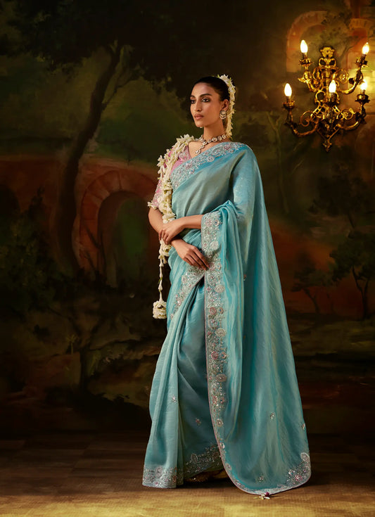 Powder Blue Heavy Embroidered Saree