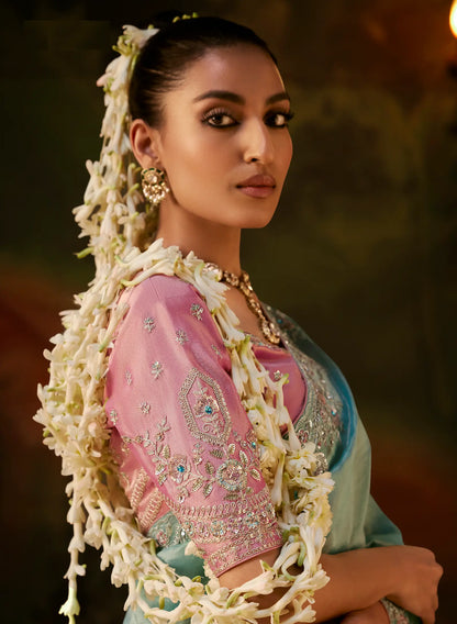 Powder Blue Heavy Embroidered Saree