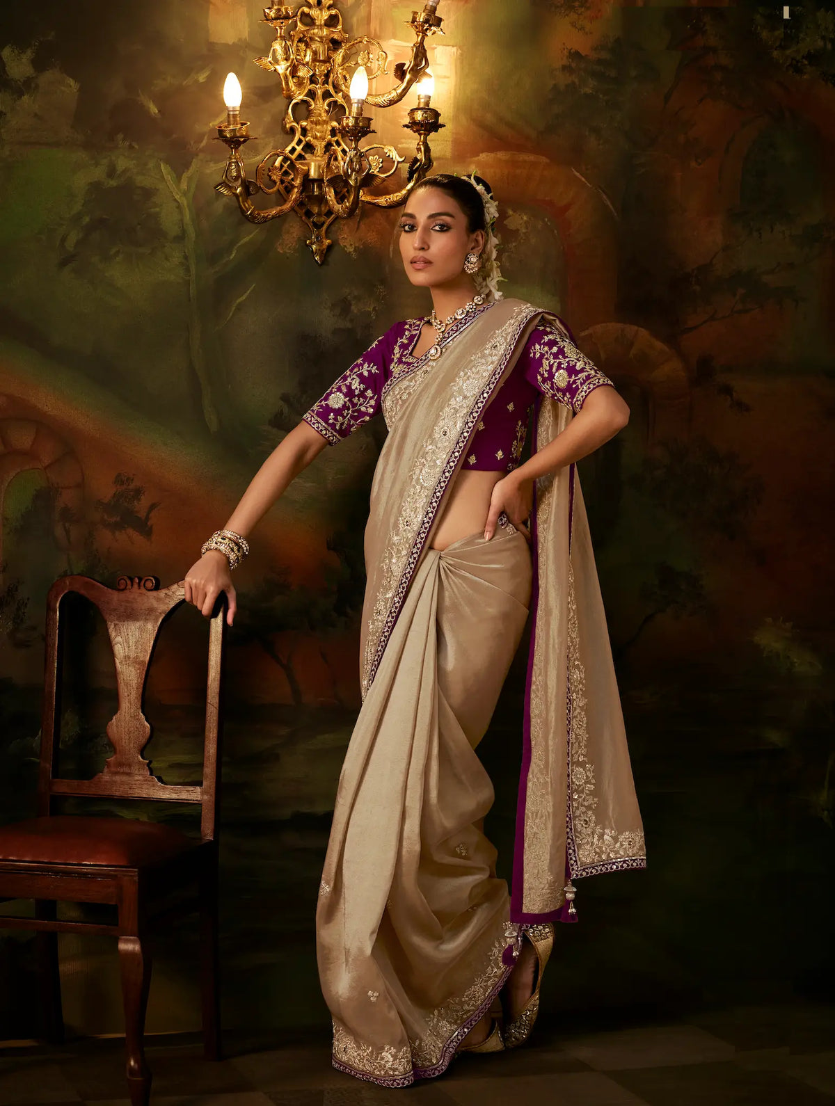 Golden Beige Heavy Embroidered Saree