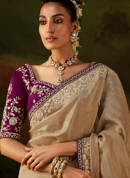 Golden Beige Heavy Embroidered Saree