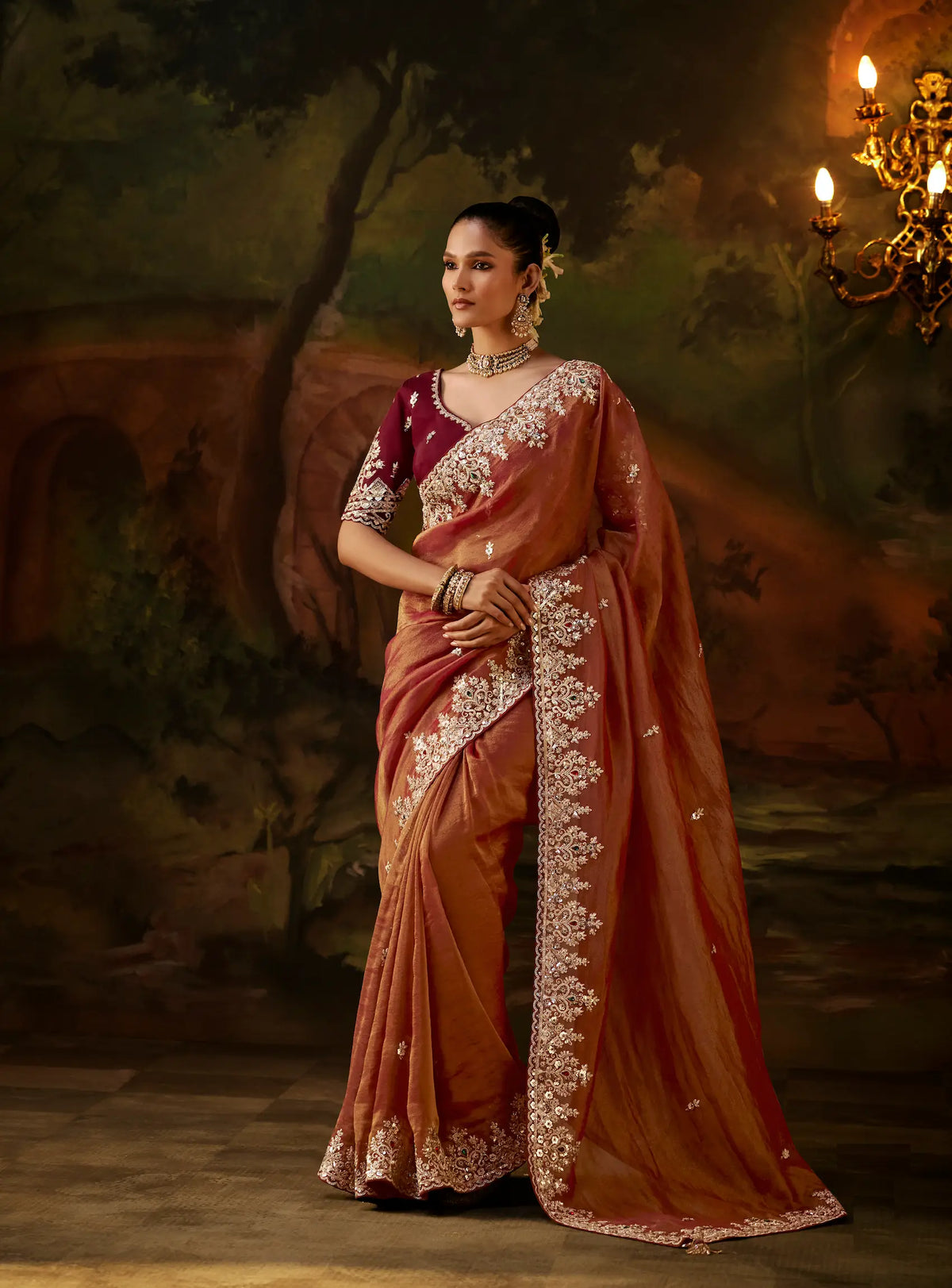 Rust Brown Heavy Embroidered Saree