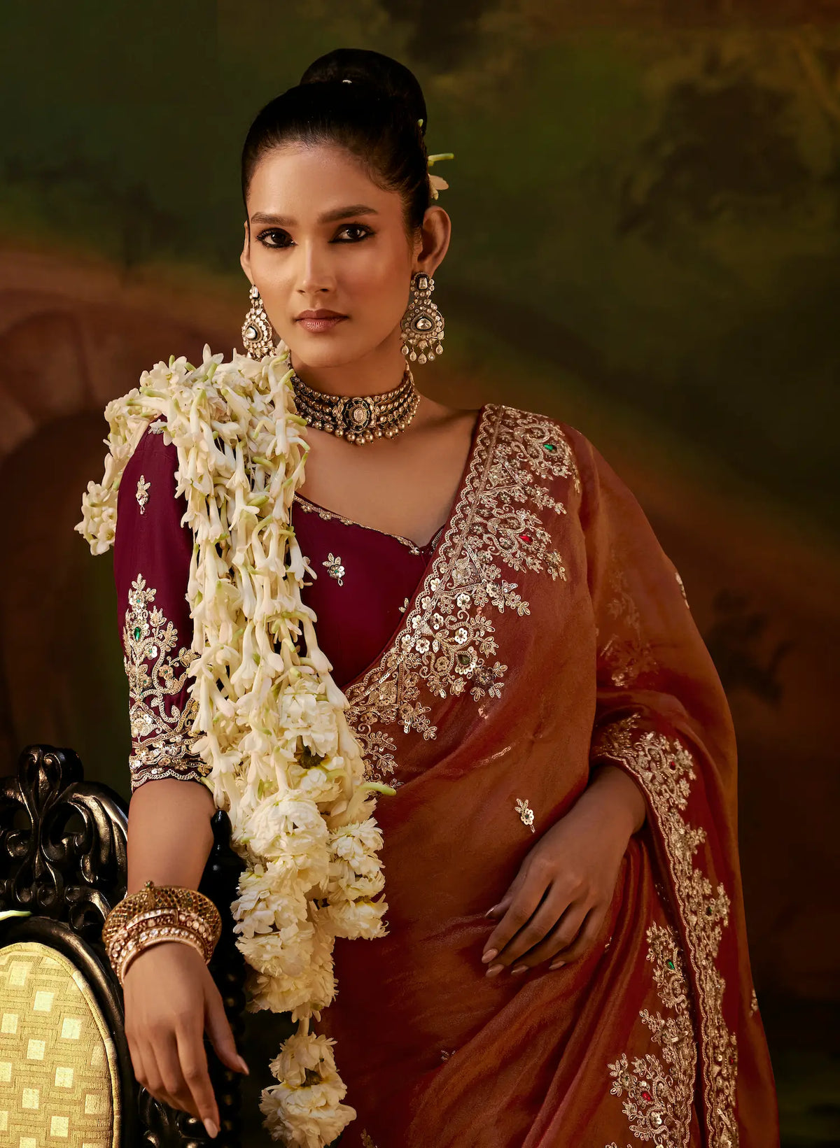 Rust Brown Heavy Embroidered Saree