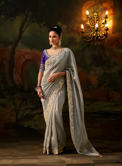 Silver Silk Heavy Embroidered Saree