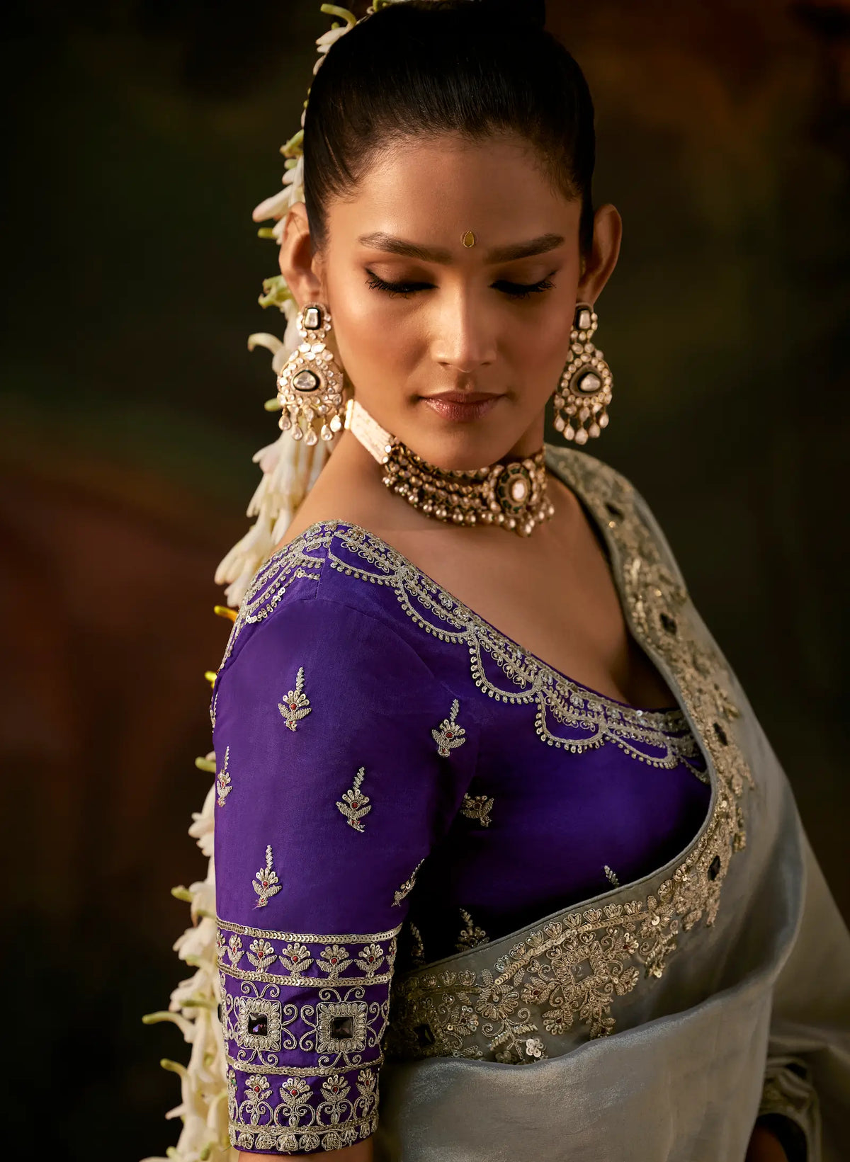 Silver Silk Heavy Embroidered Saree