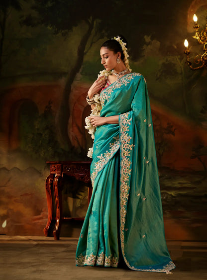 Greeny Blue Silk Heavy Embroidered Saree