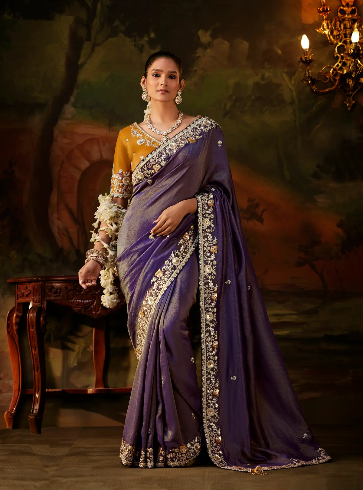 Purple Gold Silk Heavy Embroidered Saree