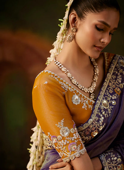 Purple Gold Silk Heavy Embroidered Saree
