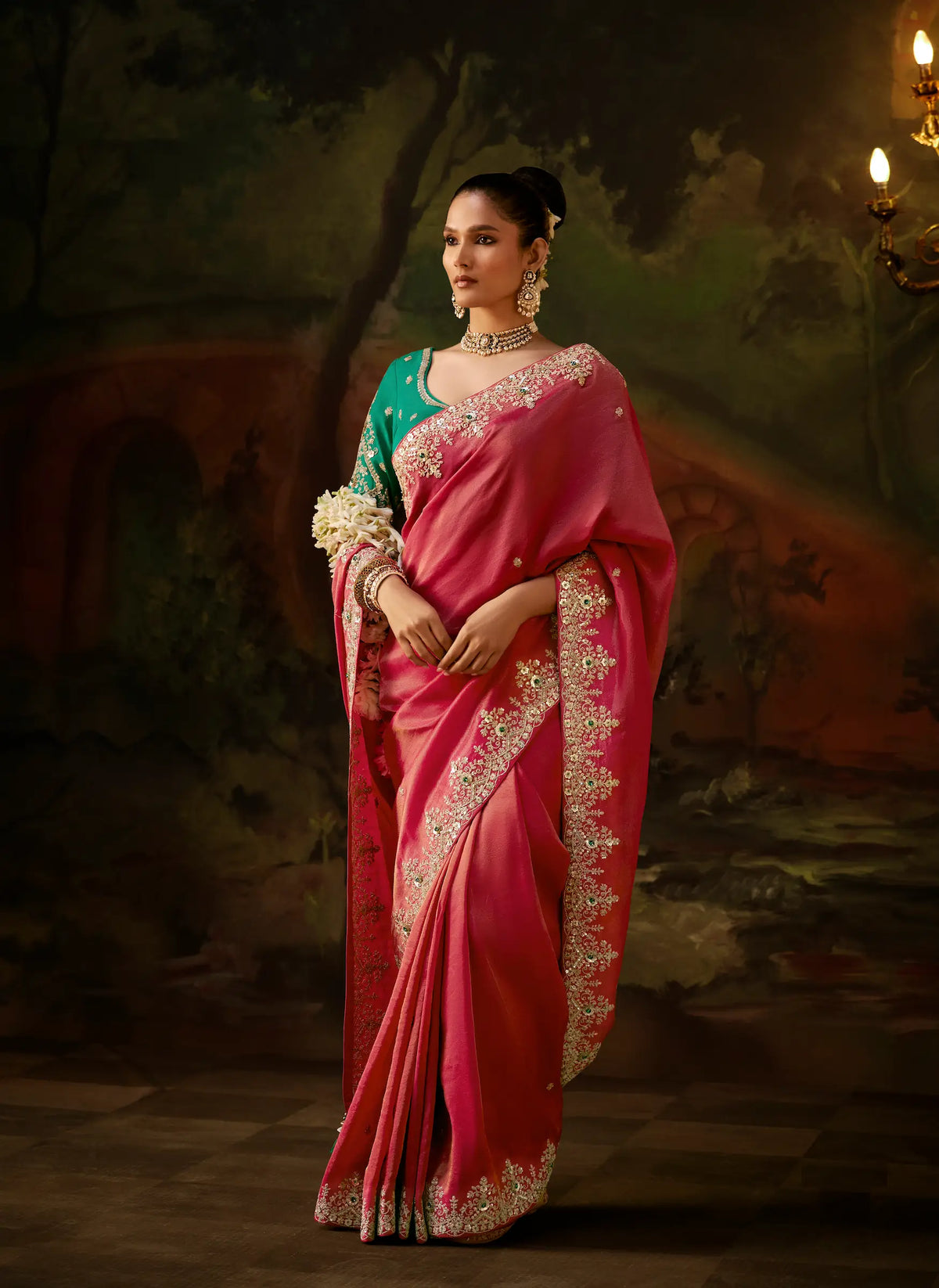 Pinkish Red Silk Heavy Embroidered Saree