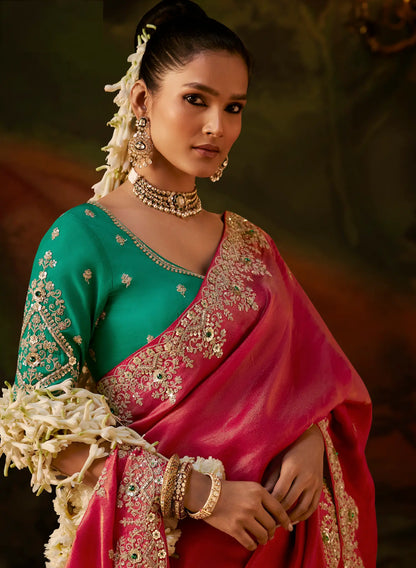 Pinkish Red Silk Heavy Embroidered Saree