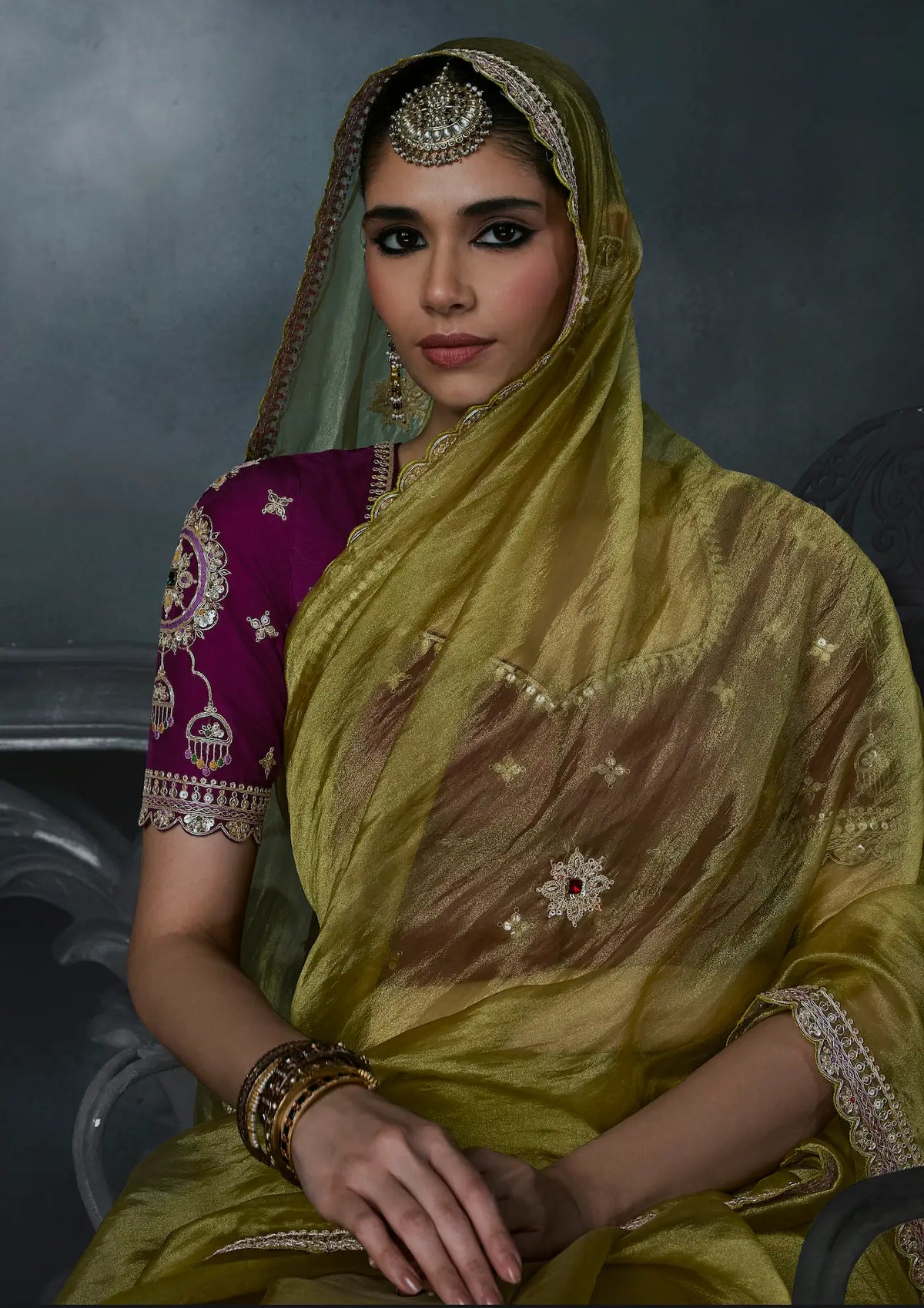 Olive Green Tissue silk Embroidered Saree