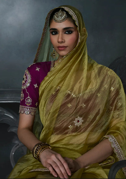 Olive Green Tissue silk Embroidered Saree