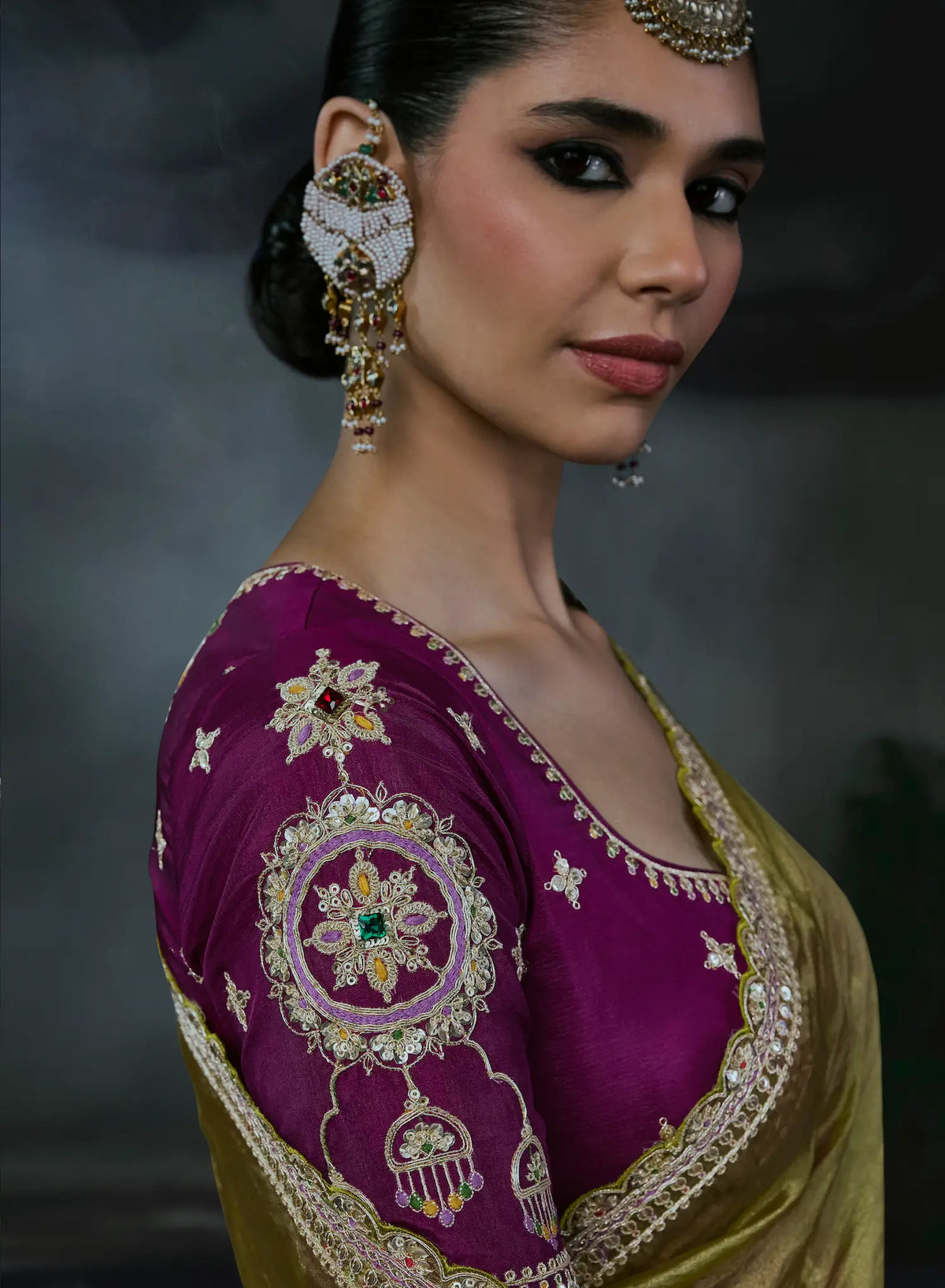 Olive Green Tissue silk Embroidered Saree