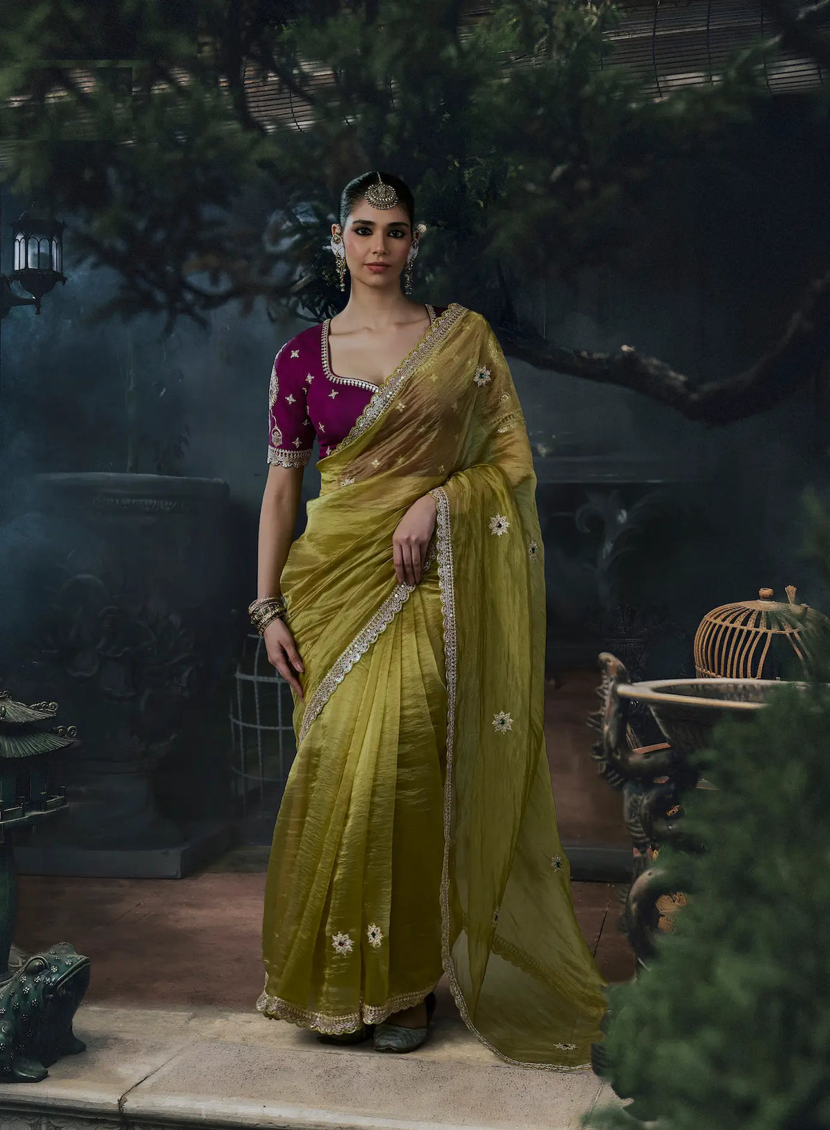 Olive Green Tissue silk Embroidered Saree