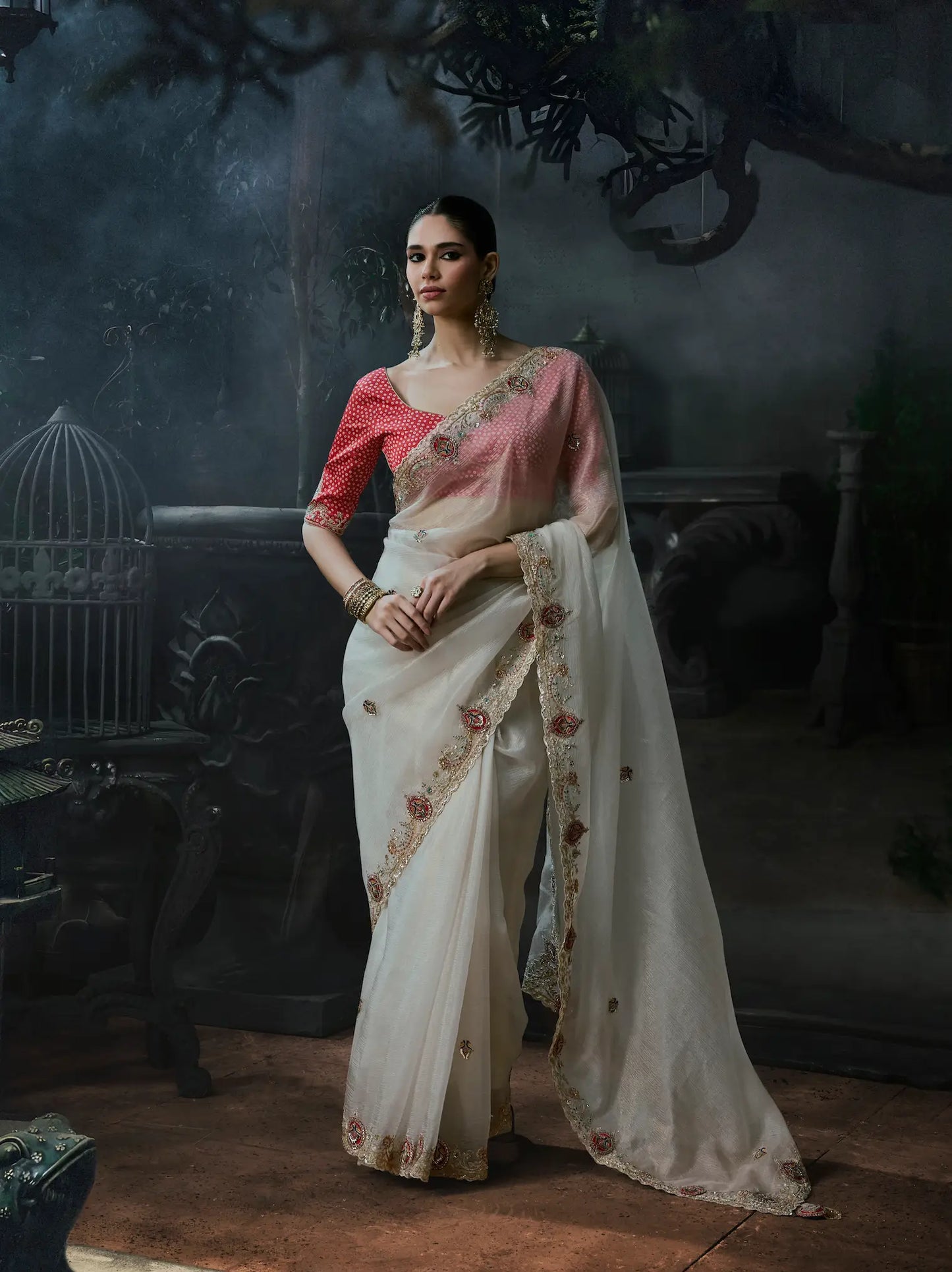Pearl White Tissue silk Embroidered Saree