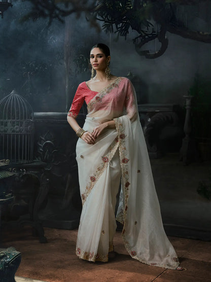 Pearl White Tissue silk Embroidered Saree