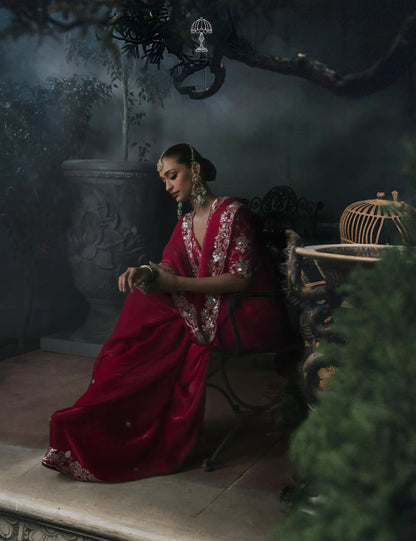 Ruby Red silk Embroidered Saree