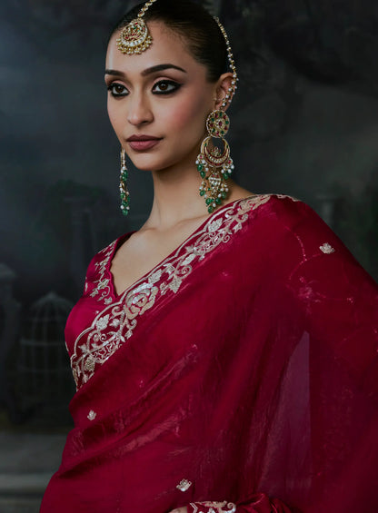 Ruby Red silk Embroidered Saree