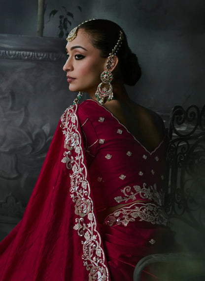 Ruby Red silk Embroidered Saree
