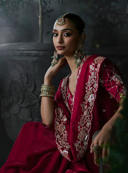 Ruby Red silk Embroidered Saree