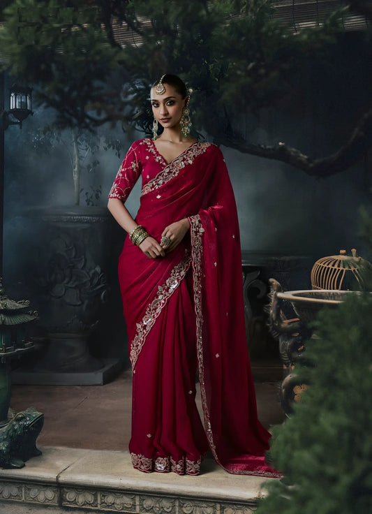 Ruby Red silk Embroidered Saree