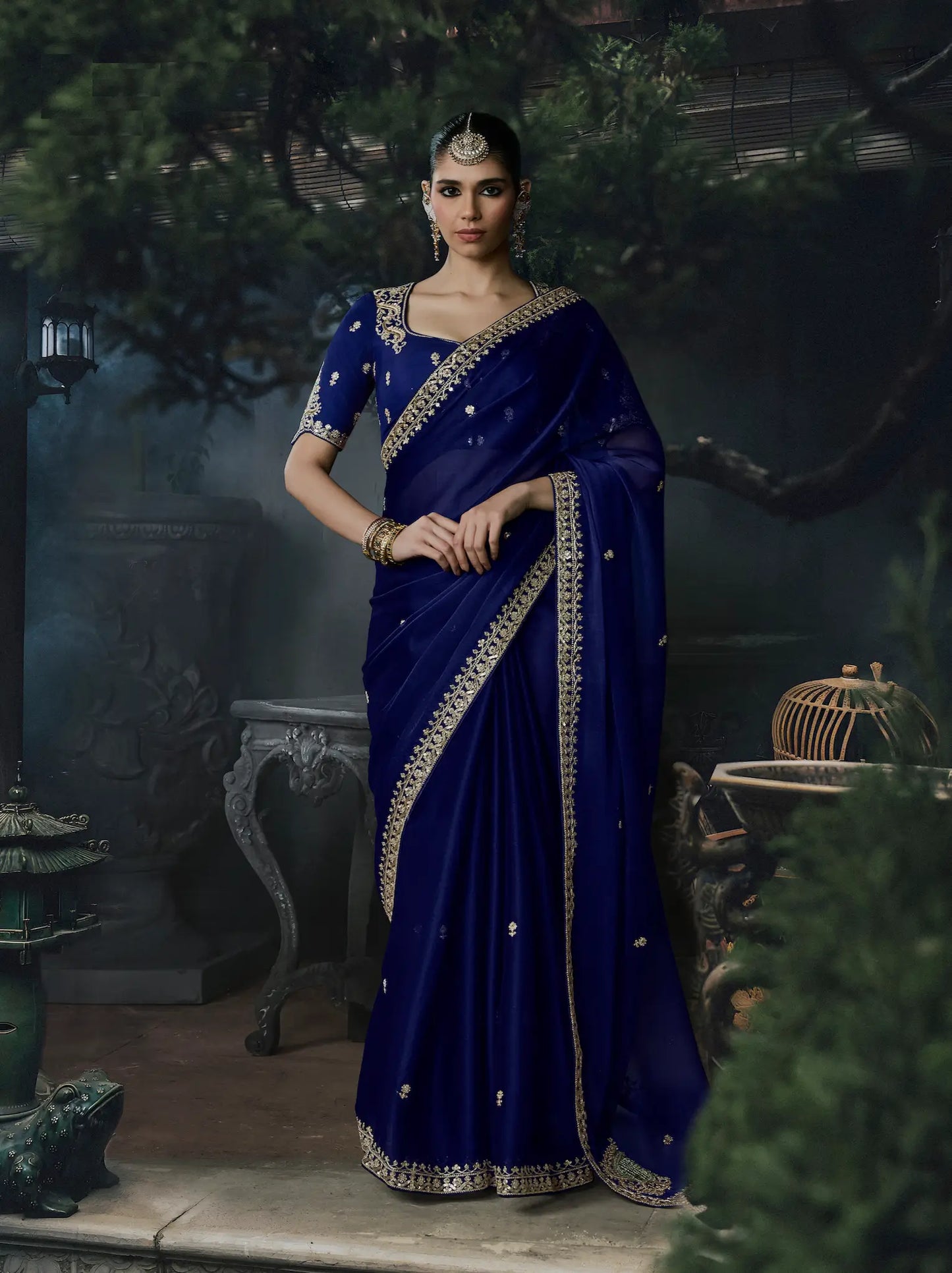 Deep Blue Tissue silk Embroidered Saree
